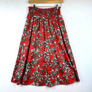 Rose Floral Midi High Waist Skirt Size Small Medium Pin Up Rockabilly Cottage